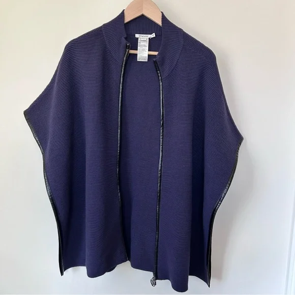 Chico's Navy Knit Open-Front Poncho with Black Trim - Picture 1 of 8